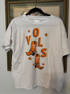White VOLS Graphic Tee with Orange Cowboy Boots Stewart Simmons